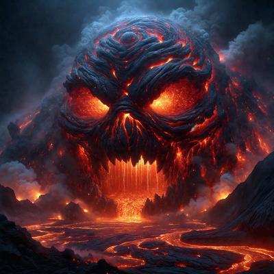 The primary subject of the image is a demonic-looking creature with a fiery, red-orange background. The creature appears to be a demon or a monster, with a menacing and evil expression. The setting is a dark, fiery landscape, possibly a volcano or a lava-filled cave. The visual style of the image is a digital art or illustration, with a detailed and intricate design. The dominant colors in the image are red-orange and black, creating a dramatic and intense atmosphere